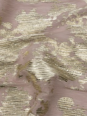 Polyester Chiffon Plisse with Abstract Gold Foiling – Tan – Aralia Collection Polyester Chiffon Plisse with Abstract Gold Foiling – Tan – Aralia Collection