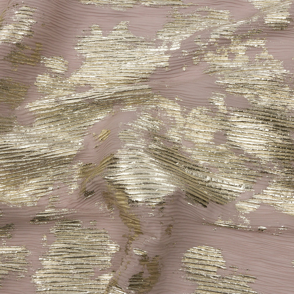 Polyester Chiffon Plisse with Abstract Gold Foiling – Tan – Aralia Collection Polyester Chiffon Plisse with Abstract Gold Foiling – Tan – Aralia Collection