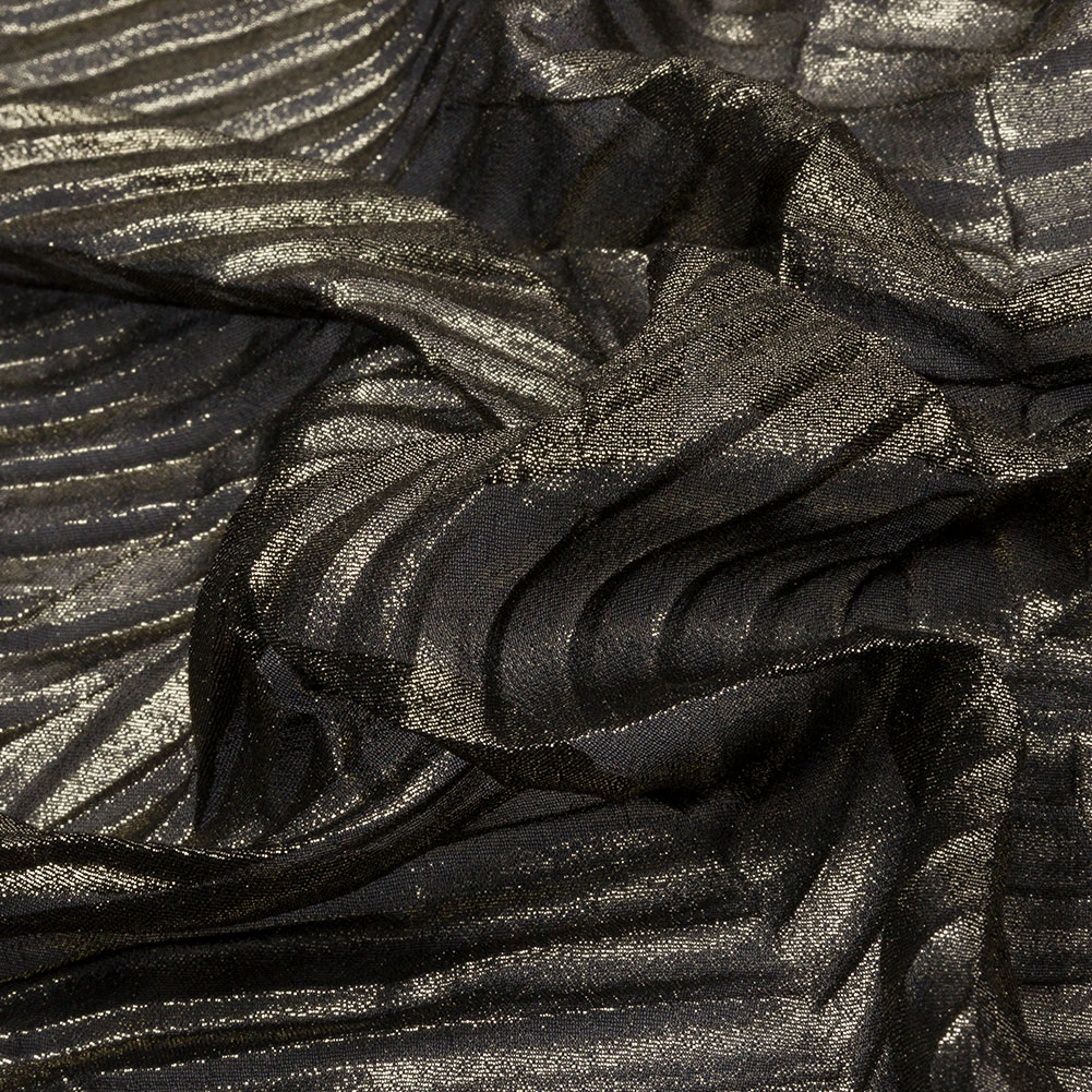 Polyester Chiffon with Abstract Pleats and Gold Foil – Black – Melia Collection Polyester Chiffon with Abstract Pleats and Gold Foil – Black – Melia Collection