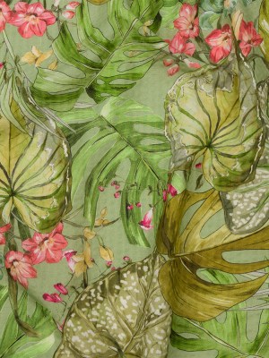 Cotton and Viscose Striped Seersucker Print – Green and Pink Tropical Leaves and Flowers – Mood Exclusive Monstera Mambo Cotton and Viscose Striped Seersucker Print – Green and Pink Tropical Leaves and Flowers – Mood Exclusive Monstera Mambo