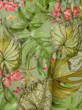 Cotton and Viscose Striped Seersucker Print – Green and Pink Tropical Leaves and Flowers – Mood Exclusive Monstera Mambo Cotton and Viscose Striped Seersucker Print – Green and Pink Tropical Leaves and Flowers – Mood Exclusive Monstera Mambo