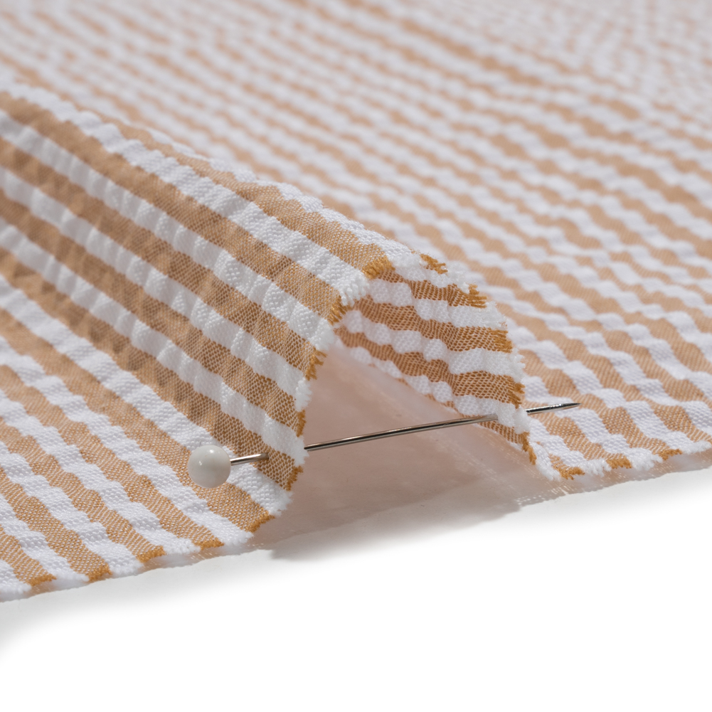 Polyester and Cotton Seersucker – Khaki and White Candy Stripes – Wylie Collection Polyester and Cotton Seersucker – Khaki and White Candy Stripes – Wylie Collection