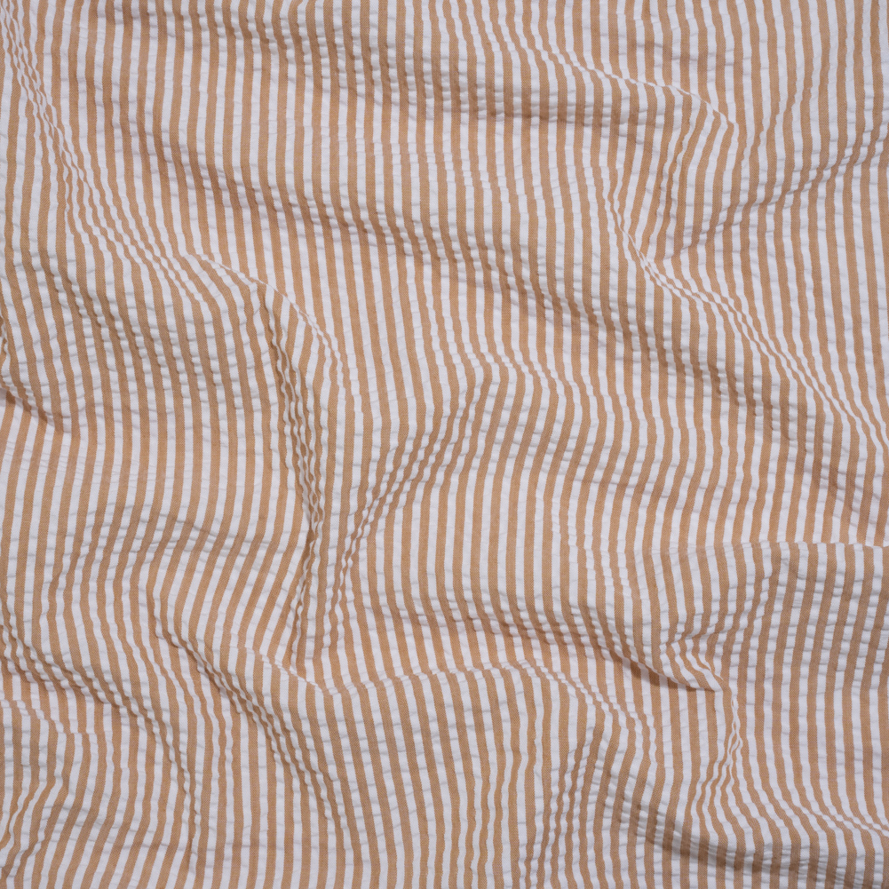 Polyester and Cotton Seersucker – Khaki and White Candy Stripes – Wylie Collection Polyester and Cotton Seersucker – Khaki and White Candy Stripes – Wylie Collection