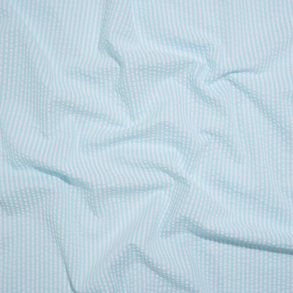 Polyester and Cotton Seersucker – Aegean Blue and White Candy Stripes – Wylie Collection Polyester and Cotton Seersucker – Aegean Blue and White Candy Stripes – Wylie Collection