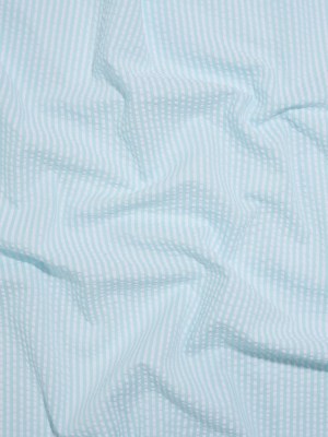 Polyester and Cotton Seersucker – Aegean Blue and White Candy Stripes – Wylie Collection Polyester and Cotton Seersucker – Aegean Blue and White Candy Stripes – Wylie Collection