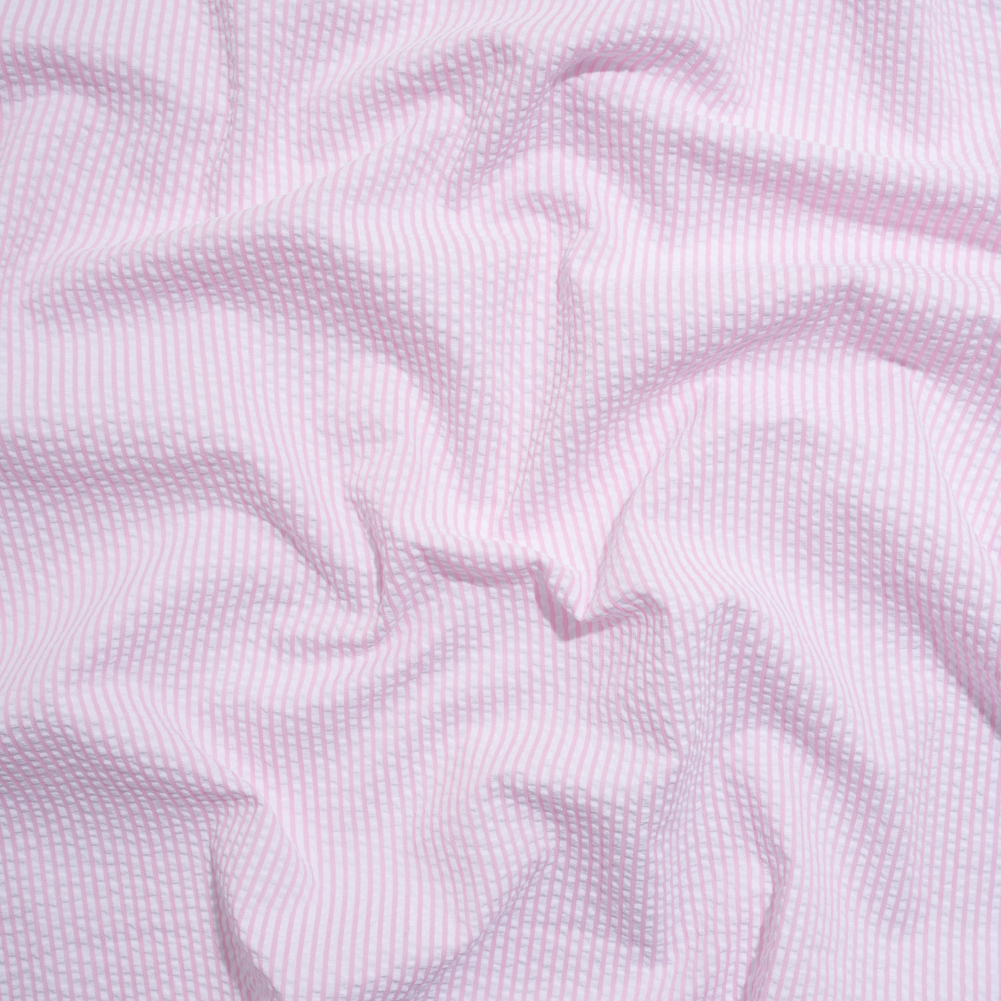 Polyester and Cotton Seersucker – Pink and White Candy Stripes – Wylie Collection Polyester and Cotton Seersucker – Pink and White Candy Stripes – Wylie Collection