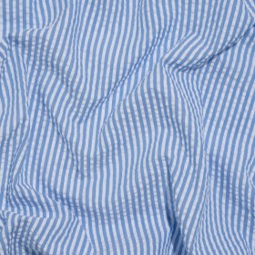 Polyester and Cotton Seersucker – Country Blue and White Candy Stripes – Wylie Collection Polyester and Cotton Seersucker – Country Blue and White Candy Stripes – Wylie Collection