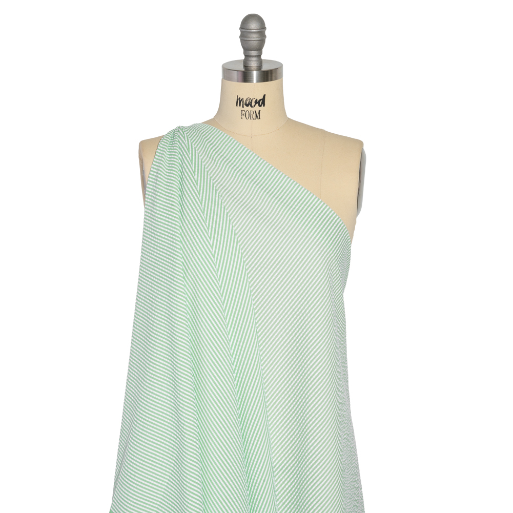 Polyester and Cotton Seersucker – Green and White Candy Stripes – Wylie Collection Polyester and Cotton Seersucker – Green and White Candy Stripes – Wylie Collection