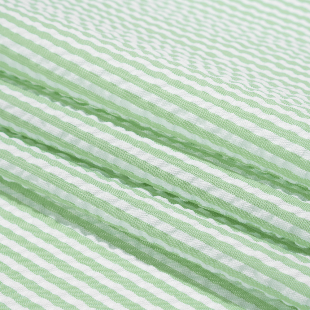 Polyester and Cotton Seersucker – Green and White Candy Stripes – Wylie Collection Polyester and Cotton Seersucker – Green and White Candy Stripes – Wylie Collection