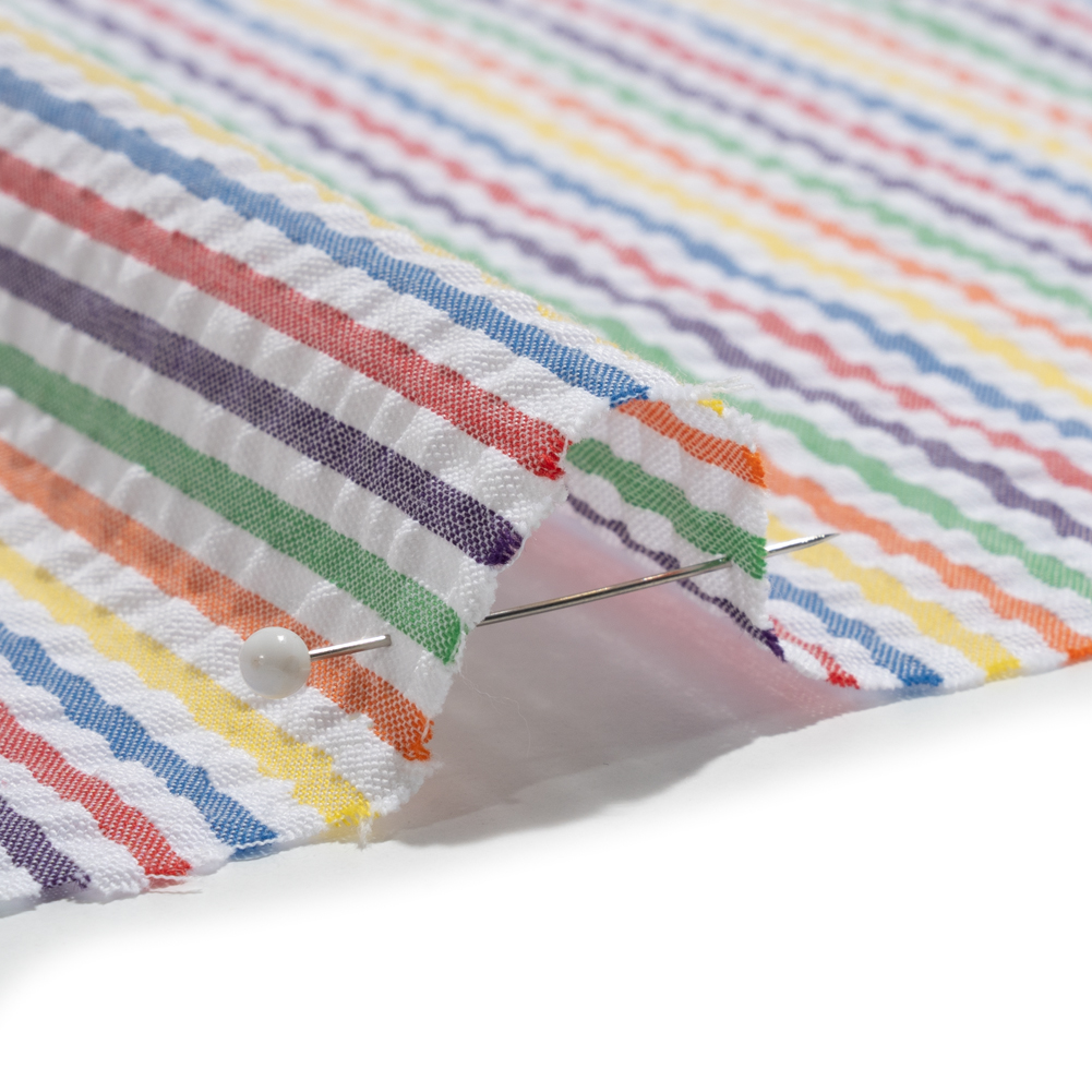 Polyester and Cotton Seersucker – Rainbow and White Candy Stripes – Wylie Collection Polyester and Cotton Seersucker – Rainbow and White Candy Stripes – Wylie Collection