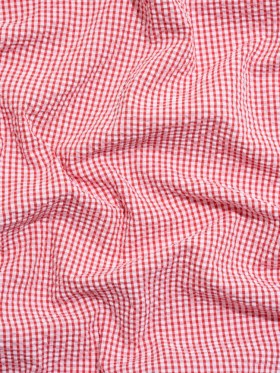 Polyester and Cotton Seersucker – Red and White Checks – Wylie Collection Polyester and Cotton Seersucker – Red and White Checks – Wylie Collection
