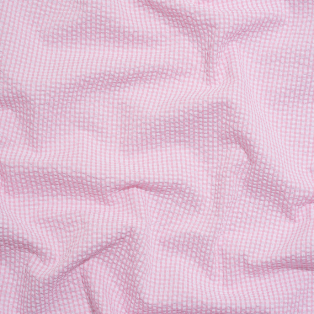 Polyester and Cotton Seersucker – Pink and White Checks – Wylie Collection Polyester and Cotton Seersucker – Pink and White Checks – Wylie Collection