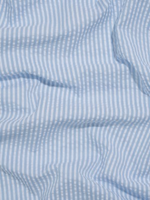 Polyester and Cotton Seersucker – Light Blue and White Candy Stripes – Wylie Collection Polyester and Cotton Seersucker – Light Blue and White Candy Stripes – Wylie Collection