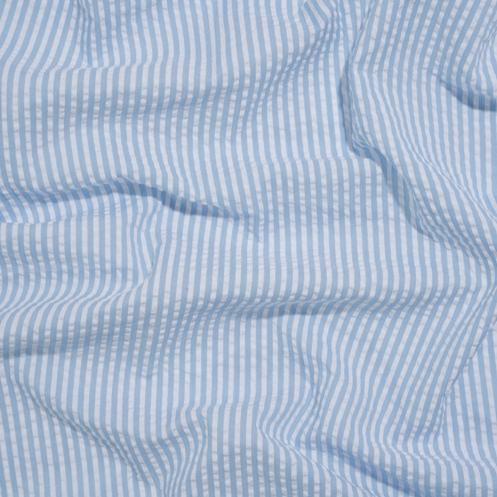 Polyester and Cotton Seersucker – Light Blue and White Candy Stripes – Wylie Collection Polyester and Cotton Seersucker – Light Blue and White Candy Stripes – Wylie Collection