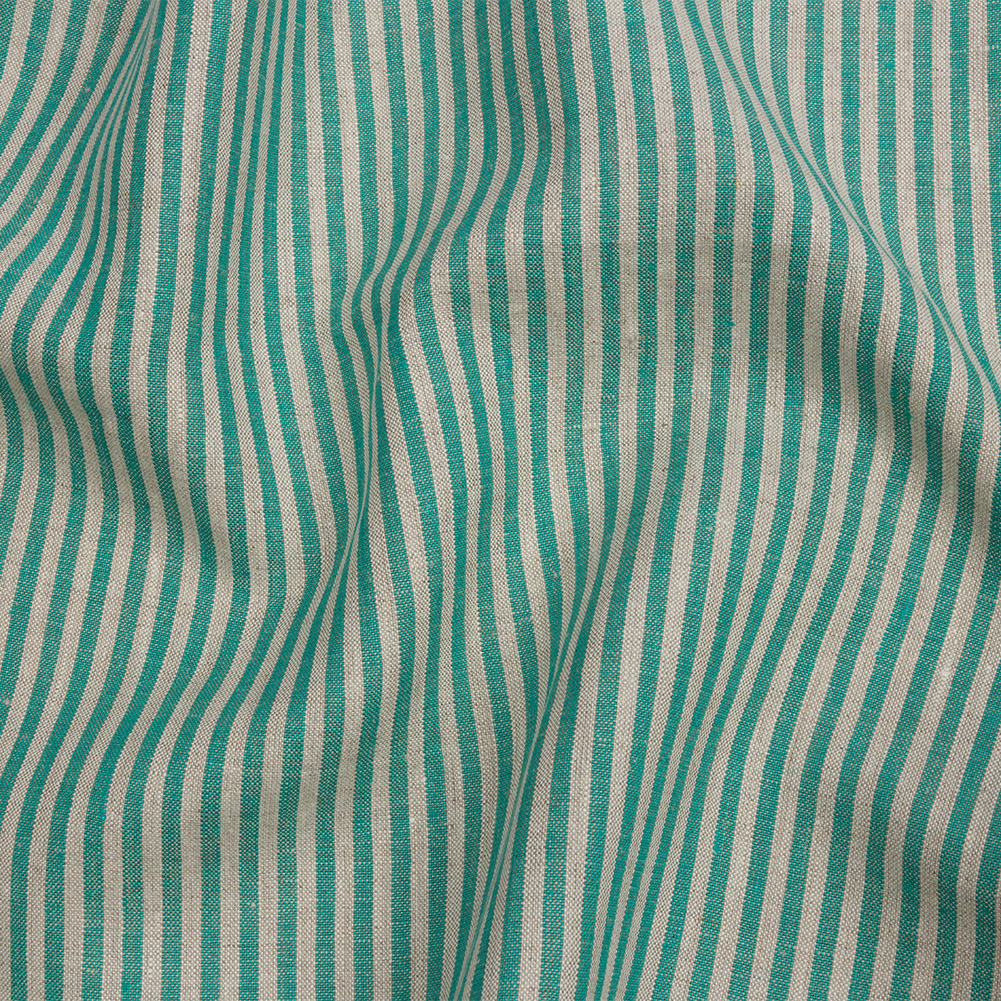 Turquoise and Oatmeal Striped Medium Weight Linen Woven Turquoise and Oatmeal Striped Medium Weight Linen Woven