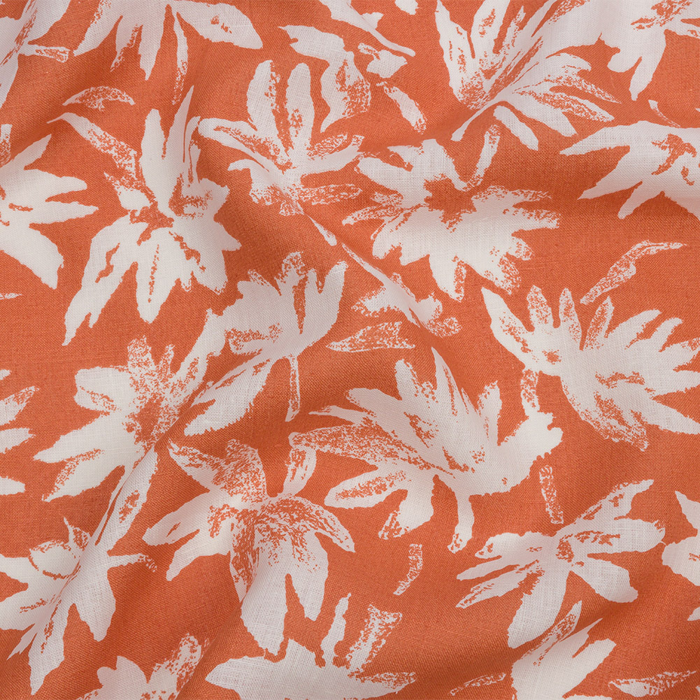 Deep Coral and White Leaf Impressions Lightweight Linen Woven Deep Coral and White Leaf Impressions Lightweight Linen Woven