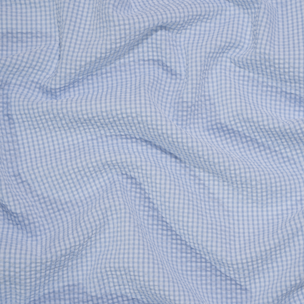 Polyester and Cotton Seersucker – Blue and White Checks – Wylie Collection Polyester and Cotton Seersucker – Blue and White Checks – Wylie Collection