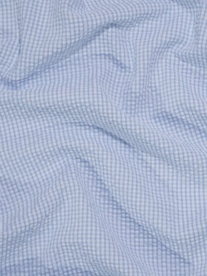 Polyester and Cotton Seersucker – Blue and White Checks – Wylie Collection Polyester and Cotton Seersucker – Blue and White Checks – Wylie Collection