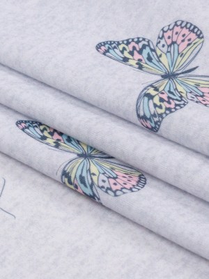 Heathered Gray, Pink and Blue Butterflies Recycled Polyester Interlock Knit Heathered Gray, Pink and Blue Butterflies Recycled Polyester Interlock Knit