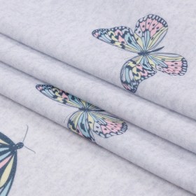 Heathered Gray, Pink and Blue Butterflies Recycled Polyester Interlock Knit Heathered Gray, Pink and Blue Butterflies Recycled Polyester Interlock Knit