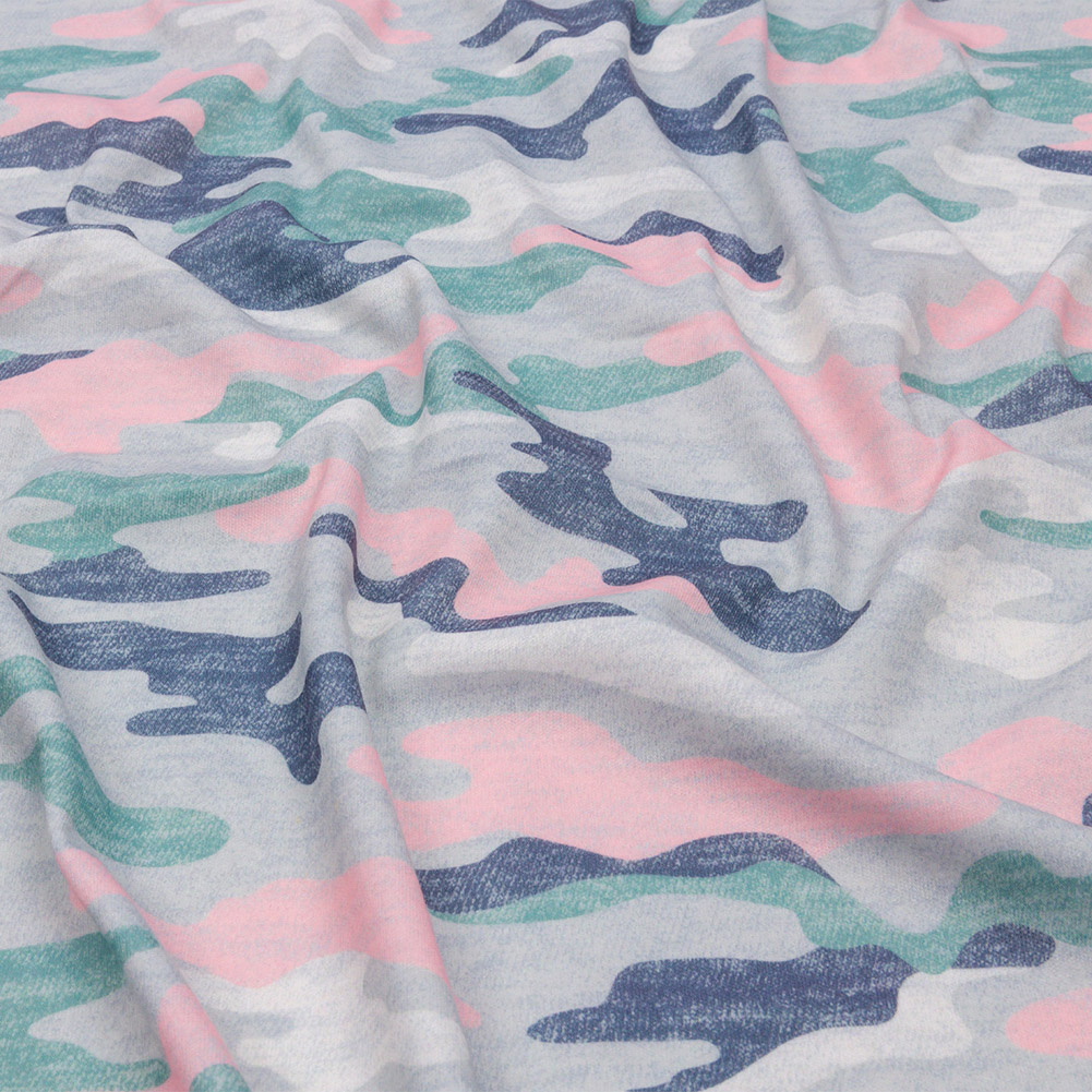 Gray, Green and Pink Camouflage Recycled Polyester Interlock Knit Gray, Green and Pink Camouflage Recycled Polyester Interlock Knit