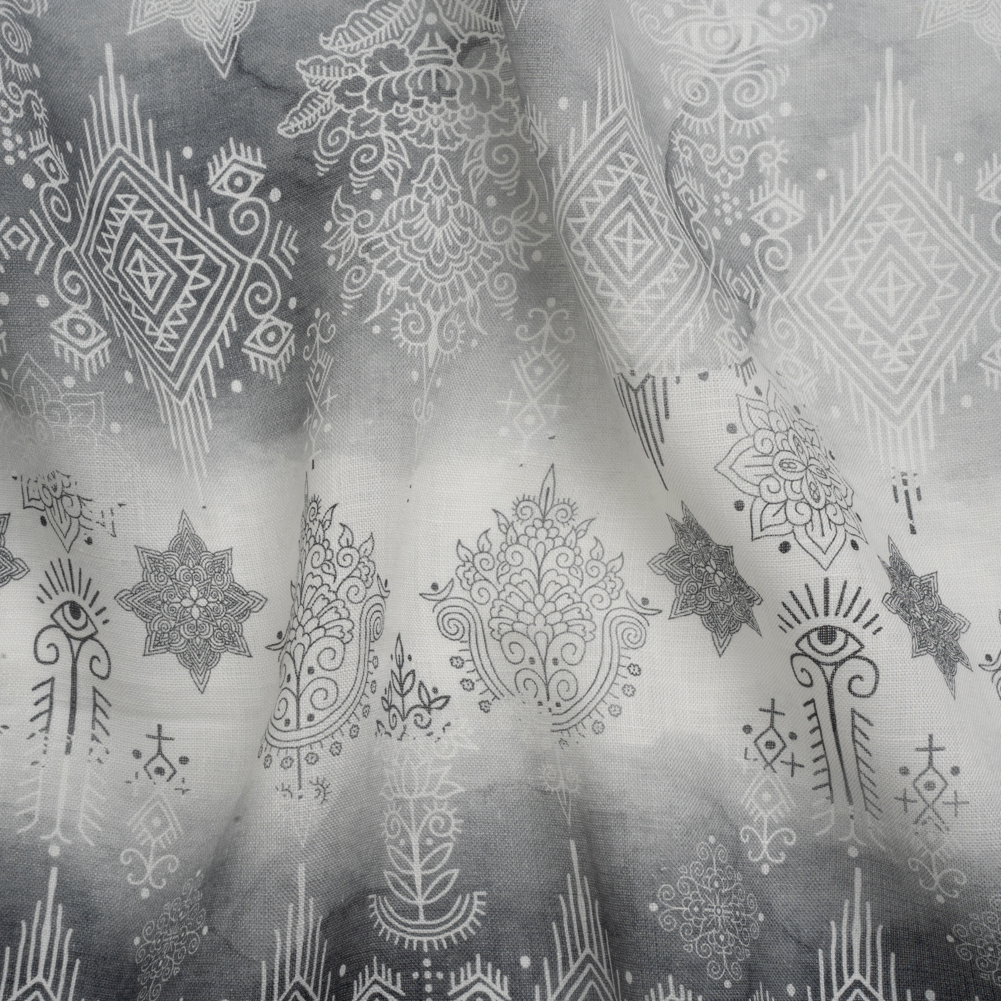 Black, Gray and White Diamonds and Flowers Lightweight Linen Woven Black, Gray and White Diamonds and Flowers Lightweight Linen Woven