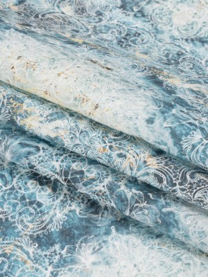 Blue and Beige Floral Lace Printed Lightweight Linen Woven Blue and Beige Floral Lace Printed Lightweight Linen Woven