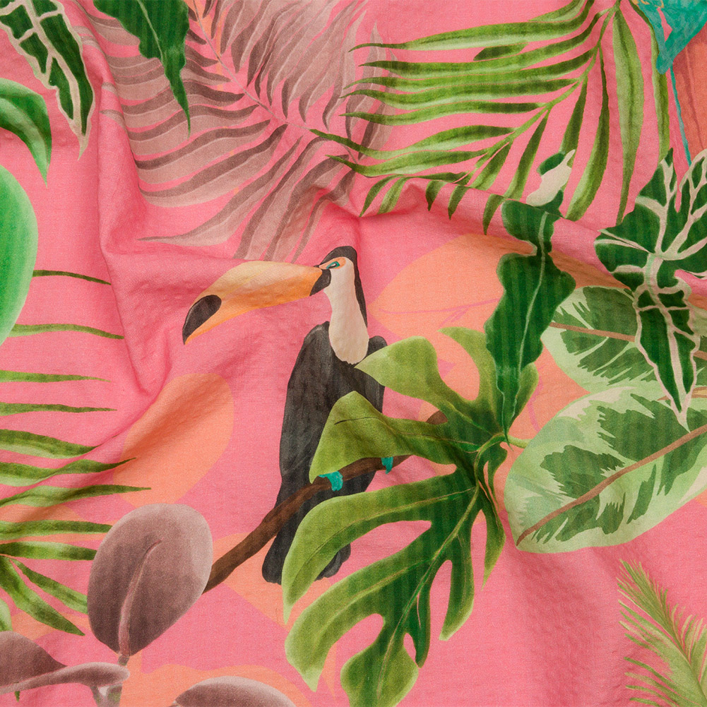 Cotton and Viscose Striped Seersucker Print – Pink Birds and Leaves – Mood Exclusive Birds of Paradise Cotton and Viscose Striped Seersucker Print – Pink Birds and Leaves – Mood Exclusive Birds of Paradise