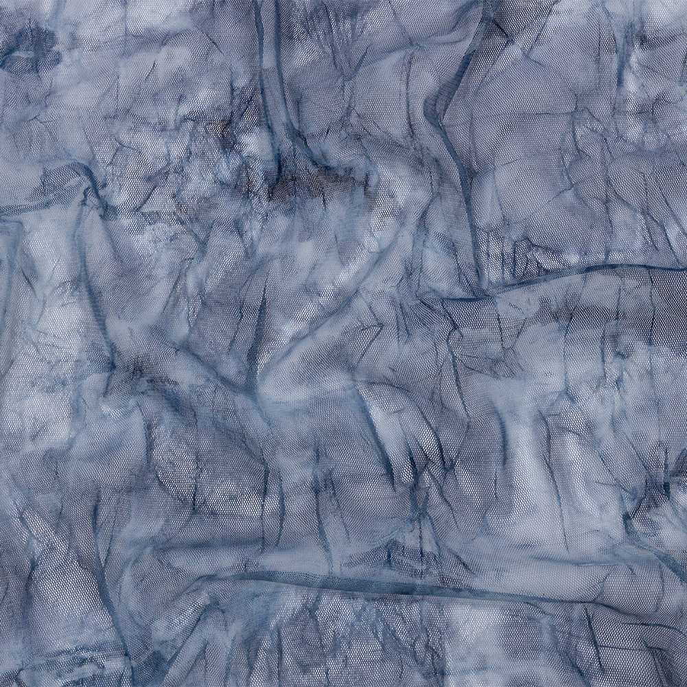 Indigo Tie Dye Crinkled Polyester Stretch Tulle Indigo Tie Dye Crinkled Polyester Stretch Tulle