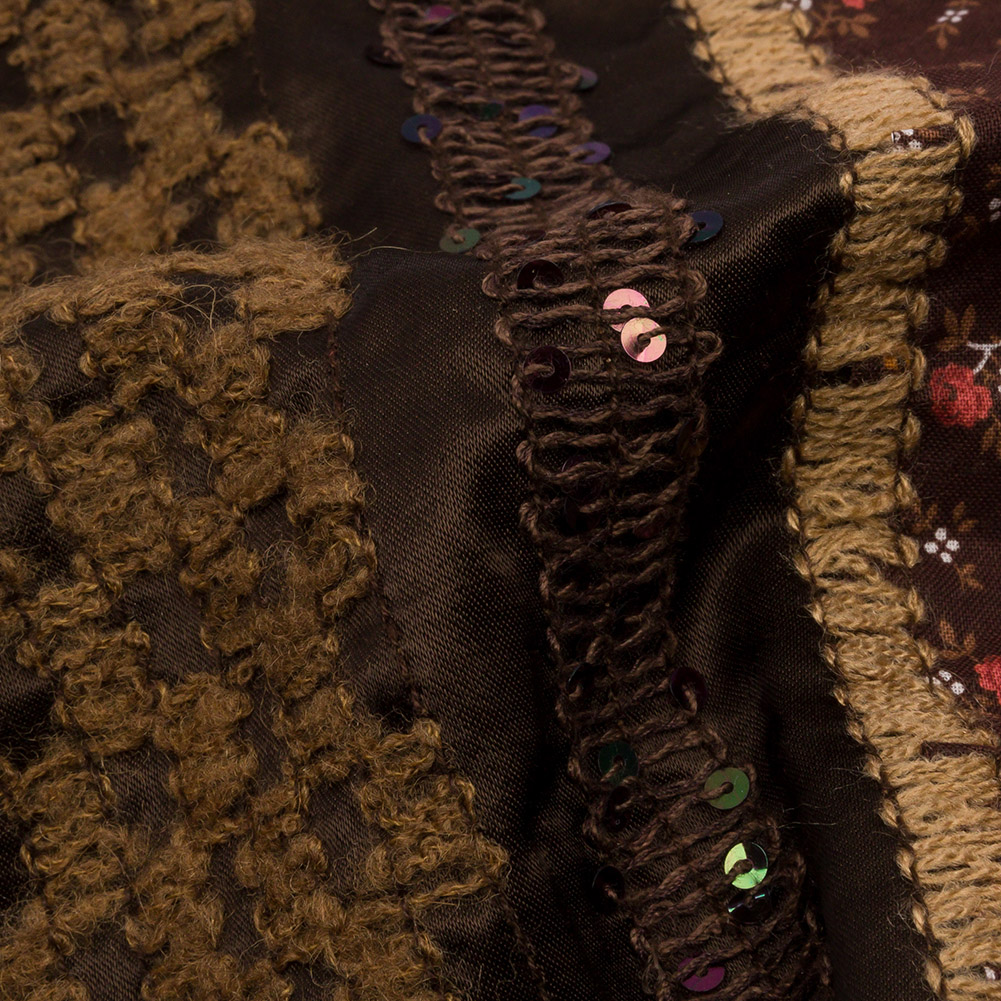 Brown, Beige and Red Wool Boucle Embroidered Polyester Satin with Sequins and Floral Applique Stripes