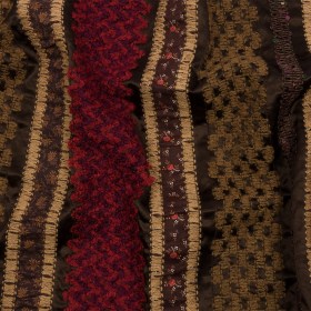 Brown, Beige and Red Wool Boucle Embroidered Polyester Satin with Sequins and Floral Applique Stripes Brown, Beige and Red Wool Boucle Embroidered Polyester Satin with Sequins and Floral Applique Stripes