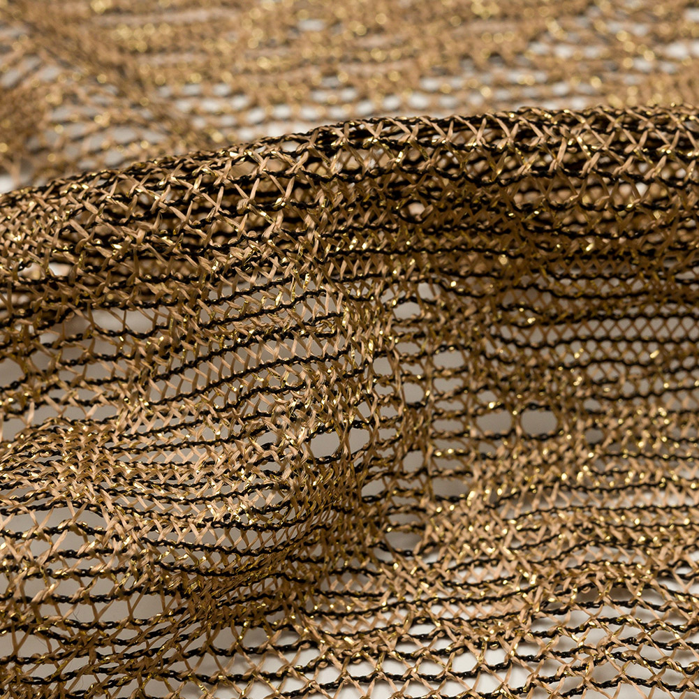 Bronze and Black Diamonds and Flowers Metallic Lace Panel with Fringe