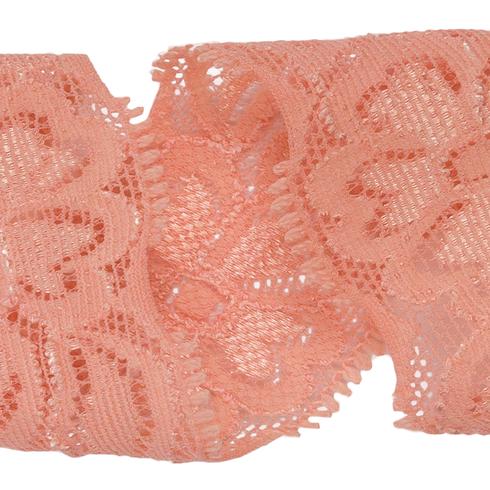 Famous NYC Designer Salmon Floral Stretch Re-Embroidered Lace Trim - 1.5"