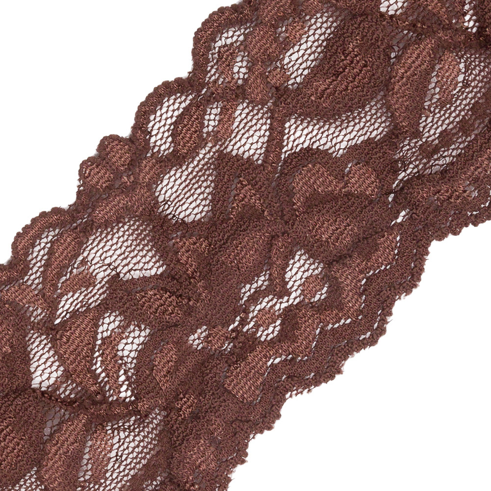 Famous NYC Designer Brown Two Tone Floral Vines Stretch Lace Trim with Scalloped Edges - 2"