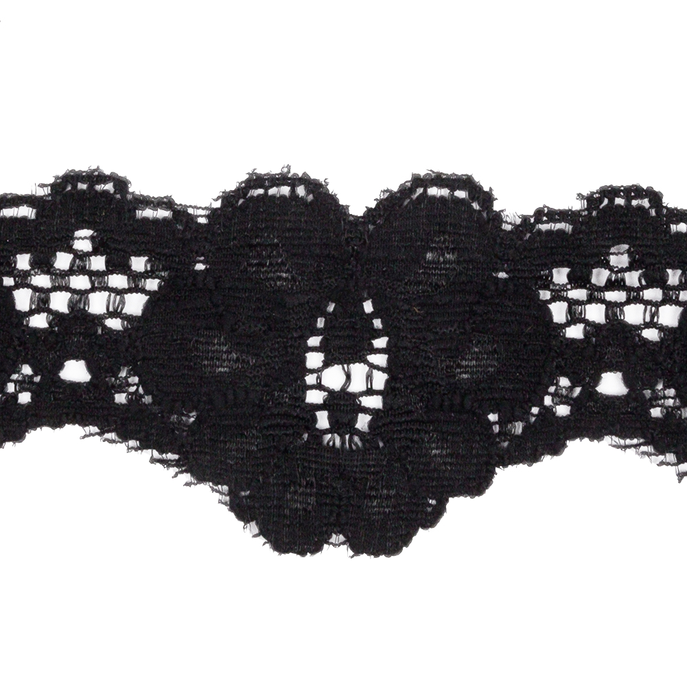 Famous NYC Designer Black Floral Scallops Stretch Re-Embroidered Lace Trim - 1.625"