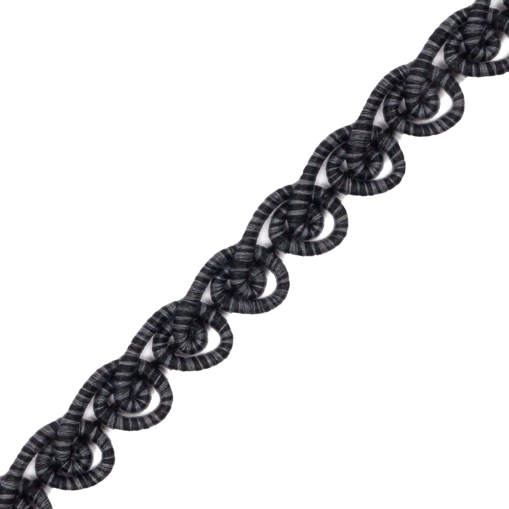 Famous NYC Designer Black and Gray Striped Swirls Gimp Braided Trim - 0.375"