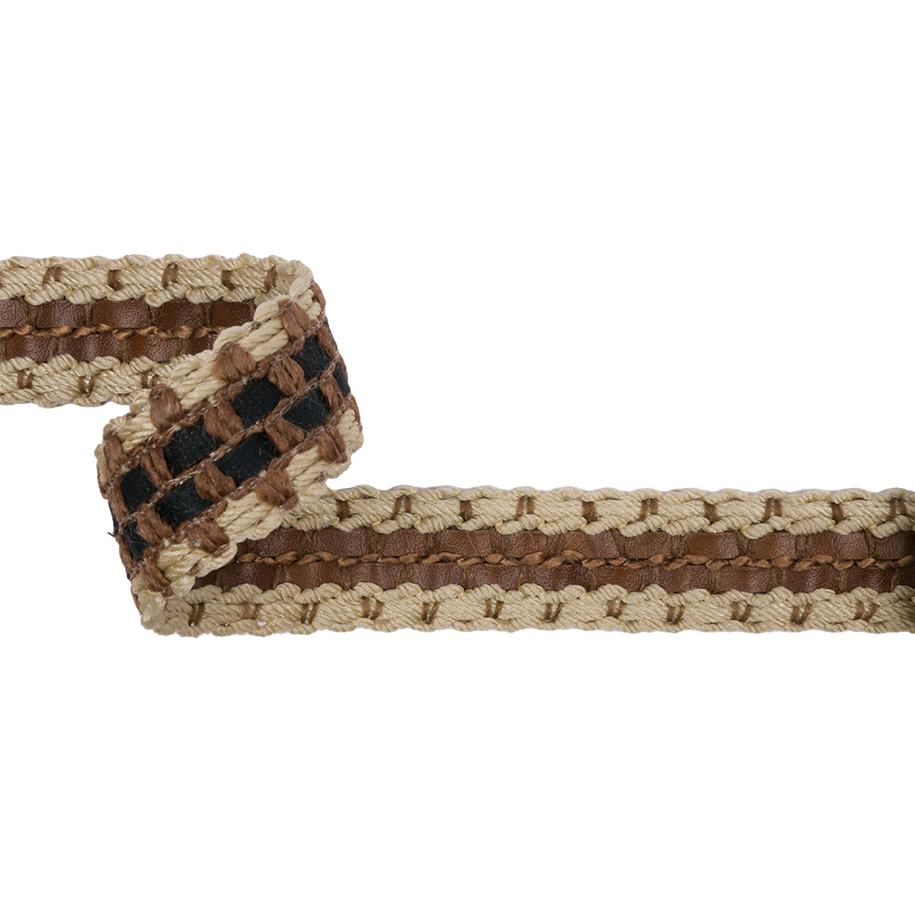 Famous NYC Designer Beige and Brown Faux Leather Stripe Basketwoven Trim – 1.25″ Famous NYC Designer Beige and Brown Faux Leather Stripe Basketwoven Trim – 1.25″