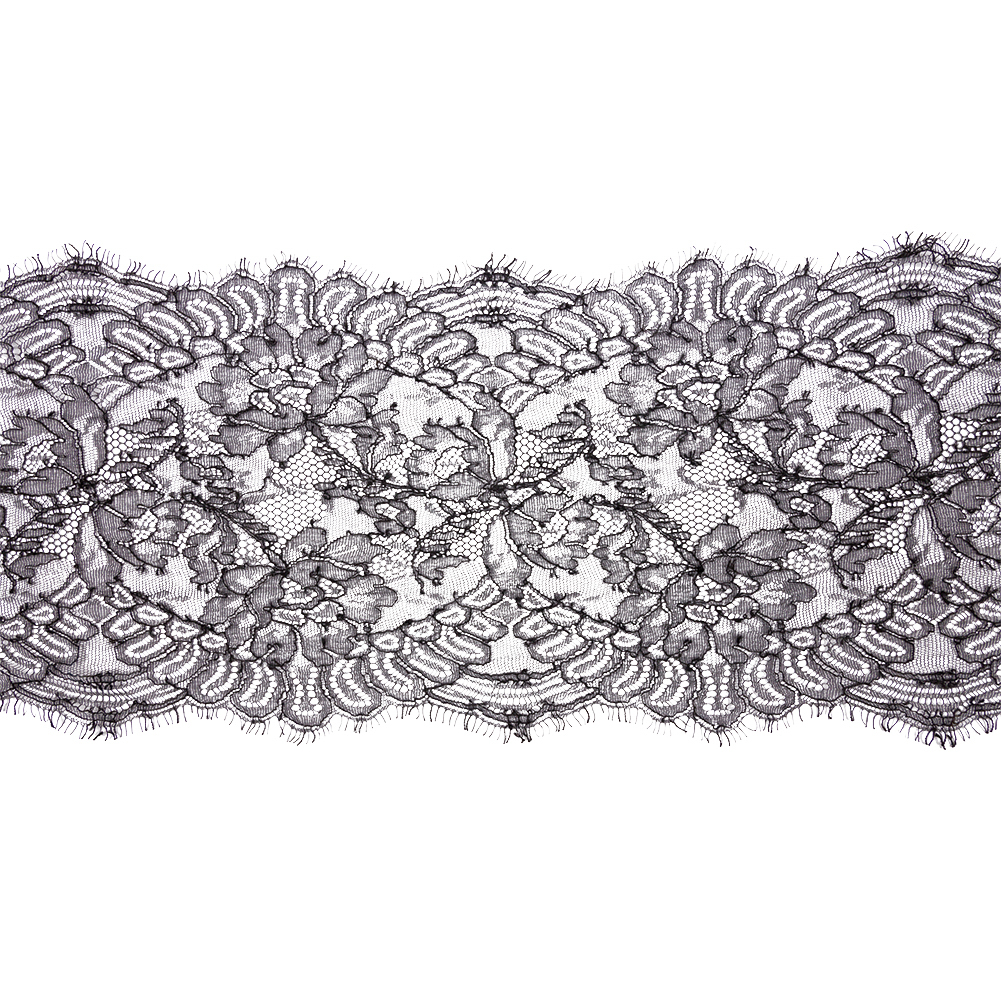 Black Flowers and Scallops Re-Embroidered Lace Trim with Eyelash Fringe – 8″ Black Flowers and Scallops Re-Embroidered Lace Trim with Eyelash Fringe – 8″