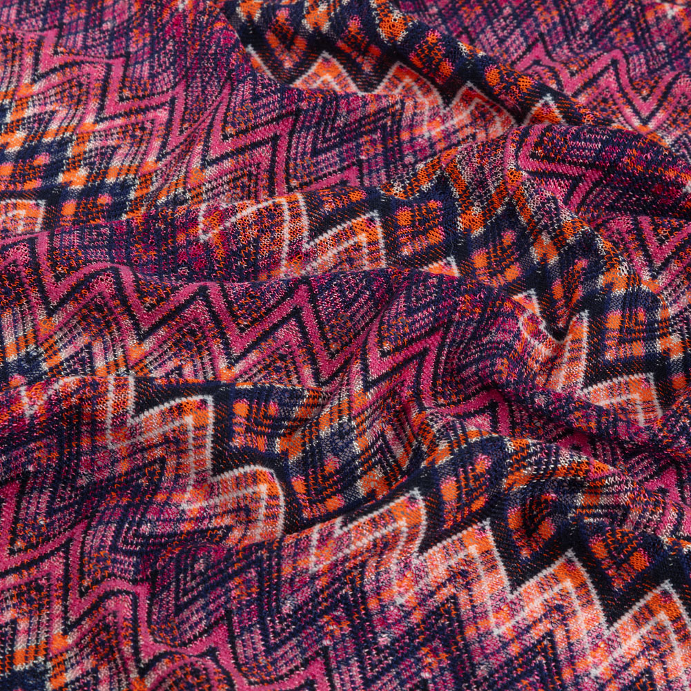 Trina Turk Pink, Navy and Orange Textured Zig Zags Viscose and Polyester Sweater Knit Trina Turk Pink, Navy and Orange Textured Zig Zags Viscose and Polyester Sweater Knit