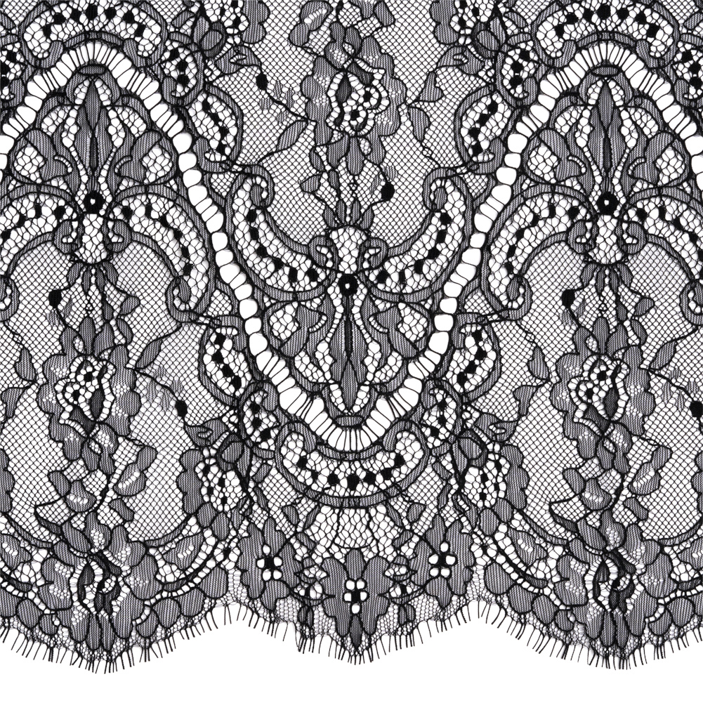 Black Floral Scalloped Re-Embroidered Lace Trim with Eyelash Fringe - 11.25"