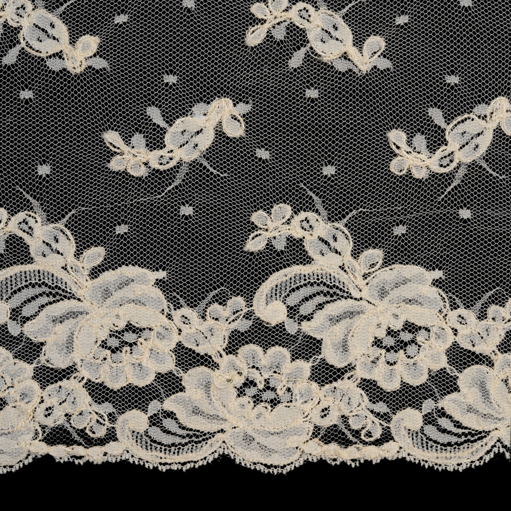 Dark Ivory Floral Corded Lace Trim with Scalloped Edges - 10"