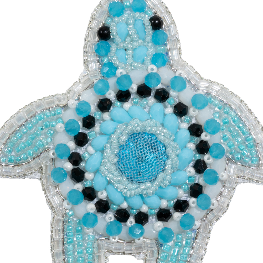 Aqua, White and Silver Little Sea Turtle Rhinestone and Glass Beaded Applique - 3" x 2.75"