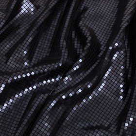 Squares Foiled Stretch Polyester Knit – Charcoal and Metallic Black – Heidi Collection Squares Foiled Stretch Polyester Knit – Charcoal and Metallic Black – Heidi Collection