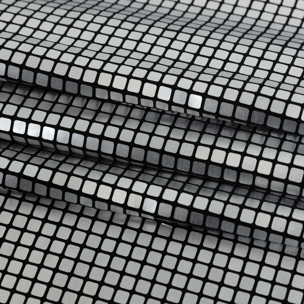 Squares Foiled Stretch Polyester Knit – Silver and Metallic Black – Heidi Collection Squares Foiled Stretch Polyester Knit – Silver and Metallic Black – Heidi Collection