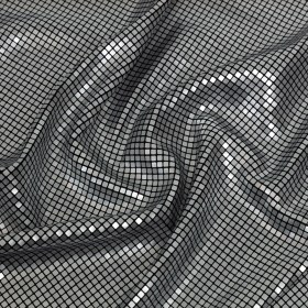 Squares Foiled Stretch Polyester Knit – Silver and Metallic Black – Heidi Collection Squares Foiled Stretch Polyester Knit – Silver and Metallic Black – Heidi Collection