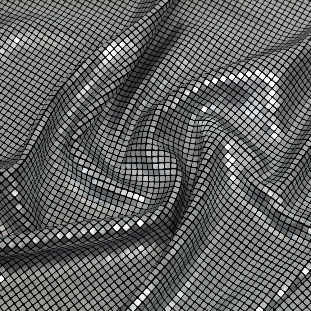 Squares Foiled Stretch Polyester Knit – Silver and Metallic Black – Heidi Collection Squares Foiled Stretch Polyester Knit – Silver and Metallic Black – Heidi Collection