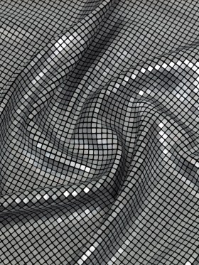 Squares Foiled Stretch Polyester Knit – Silver and Metallic Black – Heidi Collection Squares Foiled Stretch Polyester Knit – Silver and Metallic Black – Heidi Collection