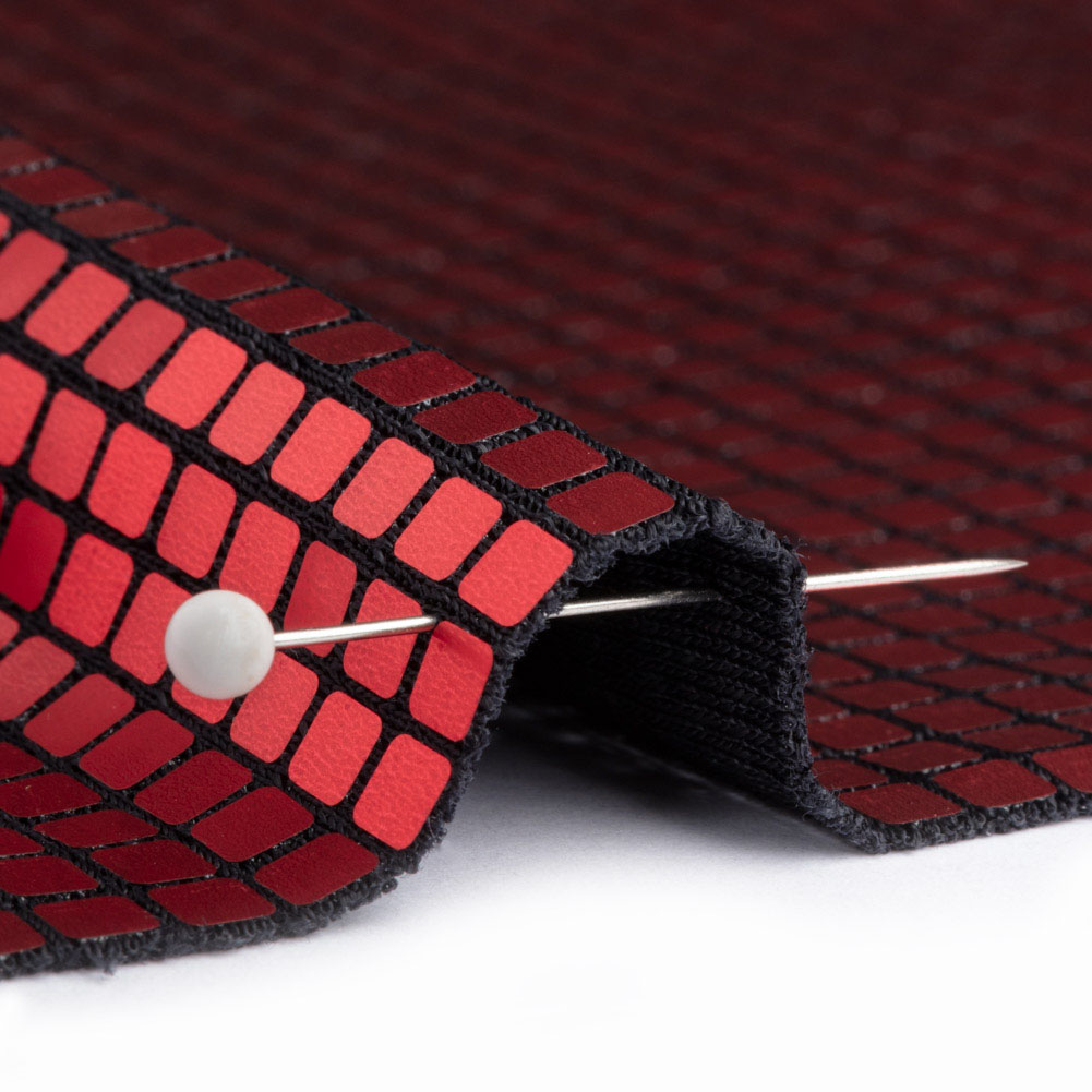 Squares Foiled Stretch Polyester Knit – Red and Metallic Black – Heidi Collection Squares Foiled Stretch Polyester Knit – Red and Metallic Black – Heidi Collection