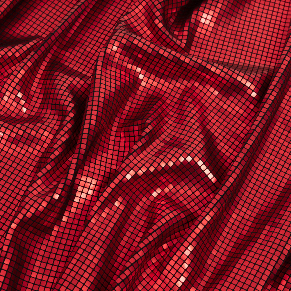 Squares Foiled Stretch Polyester Knit – Red and Metallic Black – Heidi Collection Squares Foiled Stretch Polyester Knit – Red and Metallic Black – Heidi Collection