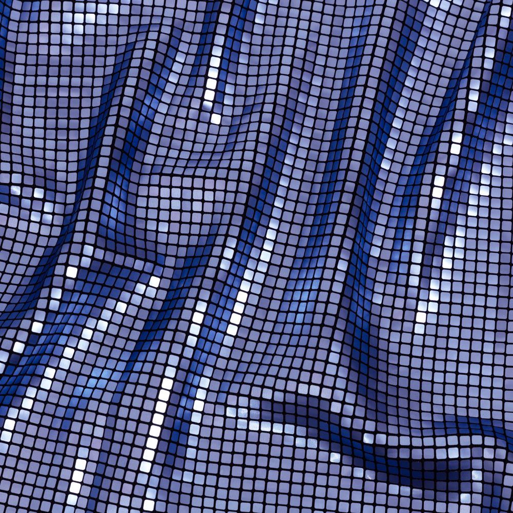 Squares Foiled Stretch Polyester Knit – Blue and Metallic Black – Heidi Collection Squares Foiled Stretch Polyester Knit – Blue and Metallic Black – Heidi Collection